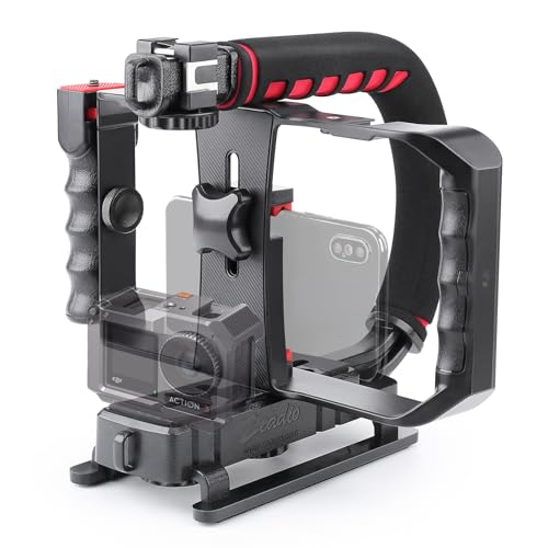 Zeadio Camera Handheld Stabilizer with Smartphone Video Cage Rig, Triple Cold-Shoe Handle Grip Compatible with All Camera Action Camera DSLR Smartphone