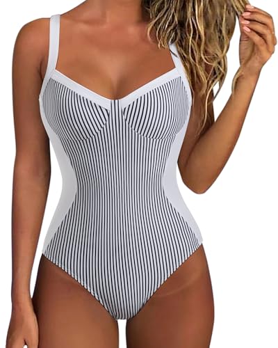 SUUKSESS Womens Tummy Control Slimming One Piece Swimsuits Sexy V Neck Crisscross Back Bathing Suits Push up Swimwear(White Black Striped，Large)