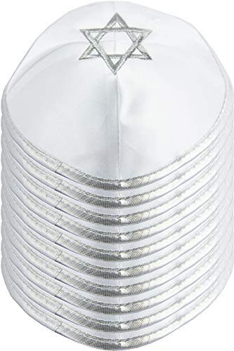 HolYudaica Pack of 10-Pcs Hq 20cm Satin Kippah with Silver/Gold String+Star of David for Men & Boys, Yamaka Hat from Israel, Kippot Bulk (White Silver)