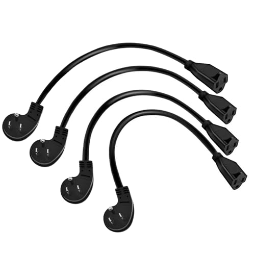 Miady Flat Plug Extension Cord 1 Ft, 90 Degree Plug Adapter, 3 Prong Grounded Wire Short Flat Wall Power Cable Black ETL Listed (4-Pack, 13 Amp, 125 Volts, 1625 Watts)