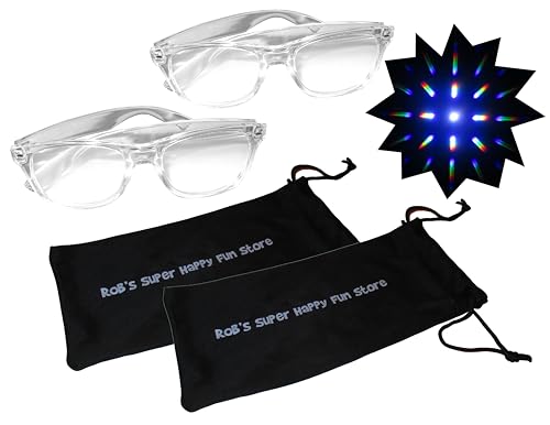 Rob's Super Happy Fun Store Fireworks Diffraction Glasses - 2 Glasses - Clear Plastic Frames - Starburst Prism Effect EDM Rainbow Kaleidoscope Rave Eyeglasses with Storage Pouch