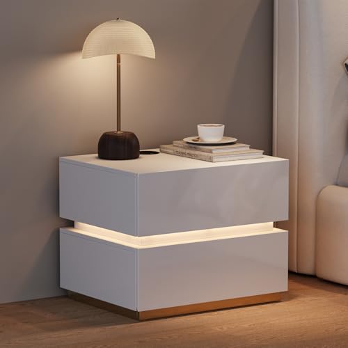homary Smart Nightstand with Wireless Charging Station, USB & Type-C Ports, LED Light, 2 Drawers – Modern White Bedside Table for Bedroom Storage