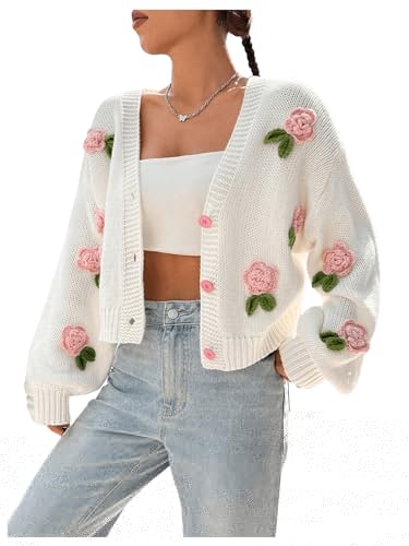 GORGLITTER Women's Floral Cardigan Button Up Long Sleeve Knit Crochet Cropped Sweaters White Floral Large