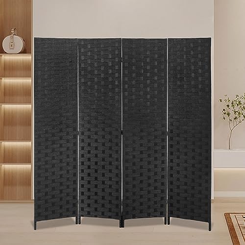 XXkseh Room Dividers Folding Privacy Screens, 4 Panel 6FT Wood Room Divider, Curtain Partition Wall with Stand freestanding, Portable Handwork Woven Wooden Separator for Room Bathroom Office,Black