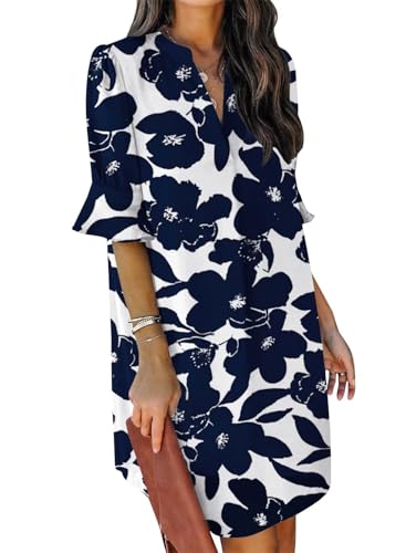 QACOHU Spring Summer Dresses for Women 2025 Short Sleeve Dresses Floral Print V-Neck Casual Flowy Swing Party Club Mini Shift Dress Blue White XXL