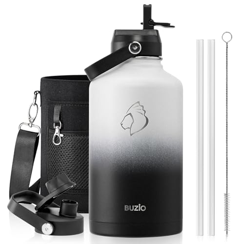 BUZIO 64oz Insulated Water Bottle with Straw Lid and Flex Cap, Stainless Steel Powder-Coat Water Flask, Keep Beverage Cold for 48 Hrs Hot for 24 Hrs Simple Thermo Canteen Mug, White and Black