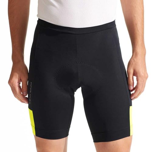 PEARL IZUMI Padded Bike Shorts for Men, 9" Quest Cycling Shorts, Breathable & Moisture-Wicking with Reflective Elements. Black/Screaming Yellow