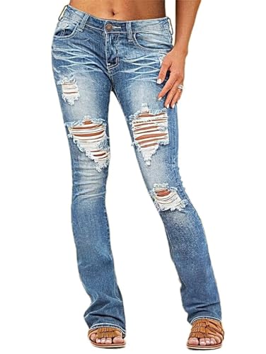 Flamingals Bootcut Jeans for Women Low Waisted Stretchy Skinny Jeans Ripped Distressed Wash Vintage Trendy Denim Jeans Mid Blue L