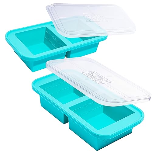 Souper Cubes 2 Cup Silicone Freezer Tray with Lids, Perfect for Storing Lasagna, Leftovers, Sauces, Portioned Meals and More, Silicone Soup Freezer Molds for Meal Prepping - Aqua - 2-Pack