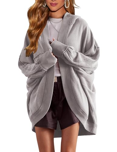 KGGT Womens Oversized Cardigan Hooded Open Front Sweatshirt Drop Shoulder Long Sleeve Fall Jackets Outwear(Grey,M)