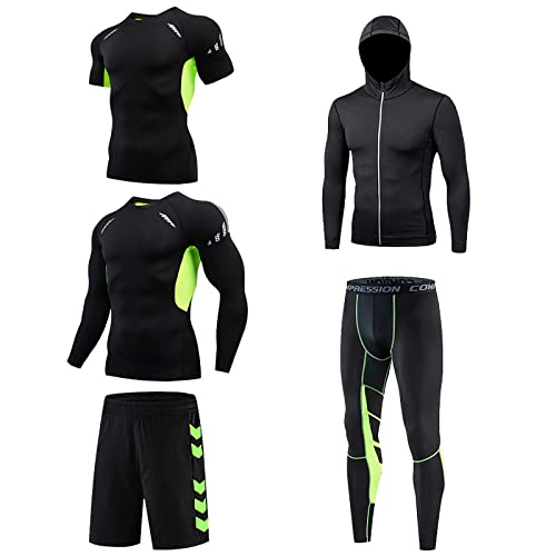 5pcs Mens Sports Tracksuits Gym Fitness Set Men Quick Dry Compression Sets, Hoodies Jackets+Long Sleeve Tight Top+Short Sleeve Base Layers Shirts+Loose Shorts+Compression Pants