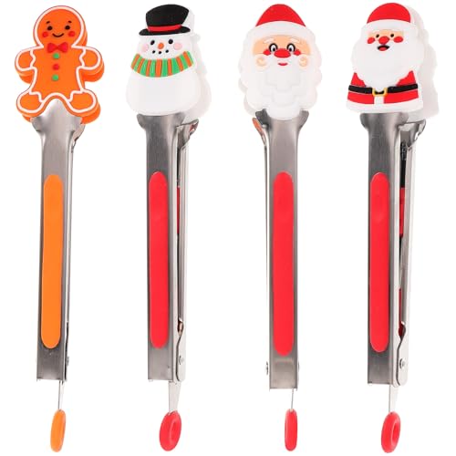 BESTonZON 4pcs Christmas Silicone Food Tongs, Mini Tong Santa Snowman Gingerbread Man Style Tongs with Silicone Tips for Serving Food Ice Cube Fruits Sugar Appetizers Barbecue Toaster