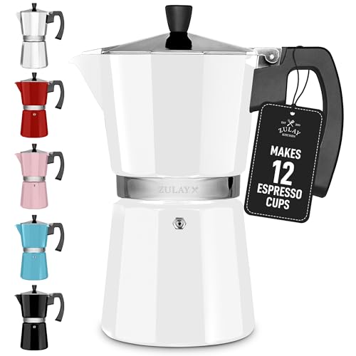 Zulay Moka Pot Espresso Stovetop Coffee Maker - Leak-Proof, Stainless Steel, Easy to Clean, Heat Resistant Handle & Knob - for Authentic Cuban & Italian Style Espresso - Makes 12 Espresso Cups - White