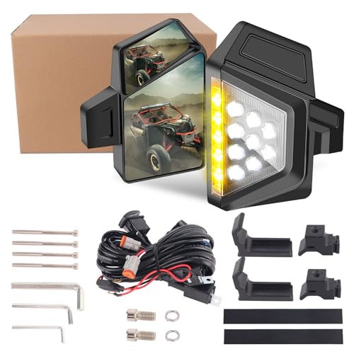 Chelhead UTV Side Mirror with Light Amber Turn Signal Plug And Play Wiring Compatible with Pioneer Polaris RZR 900 1000 Can-Am Kawasaki Mule Rhino YXZ Zforce, Shatter Proof Tempered Glass
