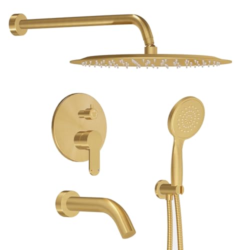 HomGoo Shower System with Tub Spout, Shower Faucet Set with 10-Inch Rain Shower Head, Handheld Shower head and Shower Faucet Trim valve, Wall Mounted Bathroom Shower Combo Set,Gold