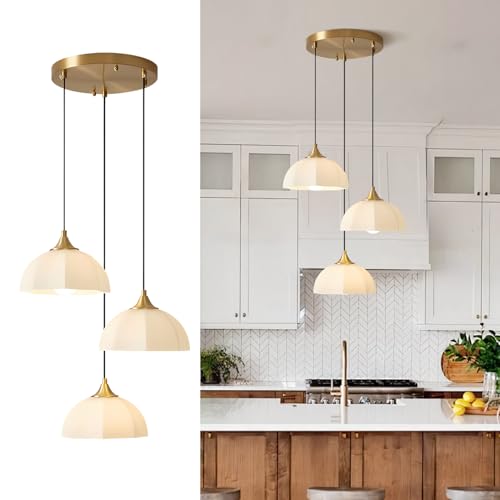 Fulesi 3 Lihgt Minimalist Style Ceiling Hanging Lamp 7.8" White Dome Glass Lampshade Brass Finish Ceiling Light Nordic Retro Pendant Light for Kitchen Island Bedroom Bedside