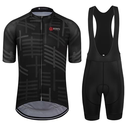 GCRFL Men's Cycling Jersey Set Road Bike Shorts Sleeves Jersey Zipper Pokcet Bib Shorts with Padded, Cycling Clothing kit Men (Black, L)