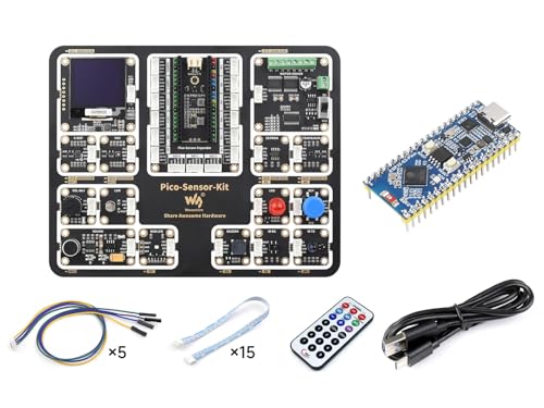 Waveshare Raspberry Pi Pico Entry-Level Sensor Kit, Including Pico Expansion Board and 15 Common modules, All-in-one Design, Bundle with ESP32-S3-Pico-M + Sensor Kit (6 Items)