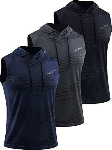 NELEUS Men's Workout Tank Tops Sleeveless Running Shirts with Hoodie,5098,3 Pack,Black/Grey/Navy Blue,L