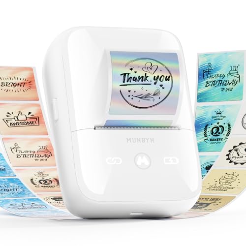 MUNBYN FM226 Label Maker Machine with Tape,203 DPI High Printing 11H Battery Life 2 Inch Bluetooth Portable Thermal Sticker Printer for Small Business, Address, Clothing with 1.97''x1.18'' Label