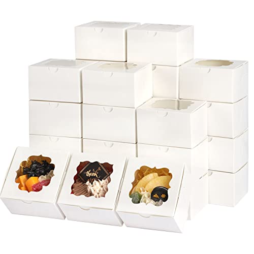 TOMNK 150pcs White Cookie Boxes with Window,4x4x2.5 Inch Small Bakery Boxes, 3 Style, for Dessert, Chocolate Strawberries Donuts and Party Favor