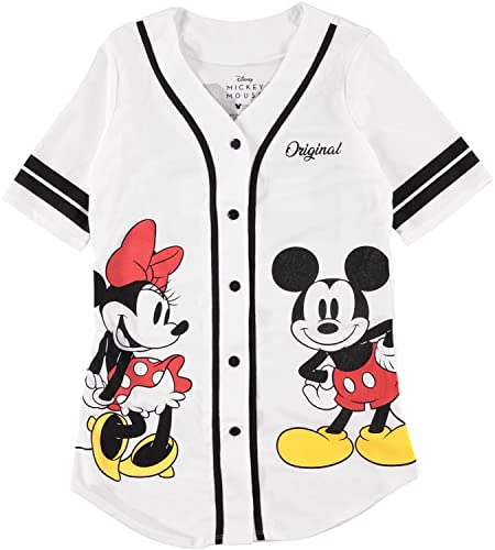 Disney Ladies Mickey Mouse Fashion Shirt - Mickey & Minnie Mouse Baseball Jersey Button Down Baseball Jersey (White, X-Large)