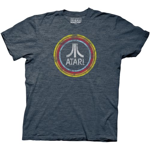 Ripple Junction Atari Men's Short Sleeve T-Shirt Distressed Classic Retro Fuji Logo in Circles Vintage Gaming XL HEA. Navy
