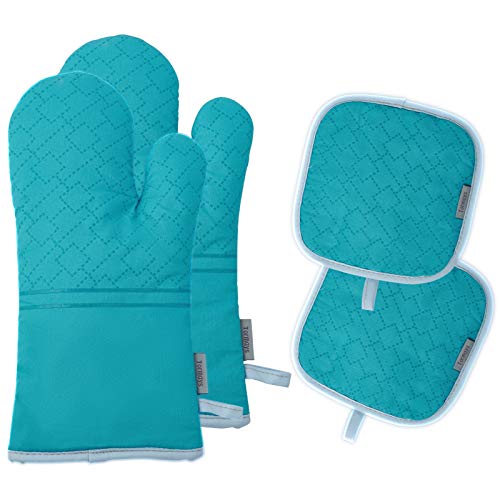 Tormays 4Pcs Oven Mitts and Pot Holders Set, 572F Heat Resistant Oven Glove, Soft Cotton Lining with Non-Slip Surface for Kitchen Baking BBQ (Turquoise)