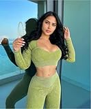 ABOCIW Long Sleeve Workout Sets for Women 2 Piece Seamless Gym Yoga Outfits Sweetheart Neck Crop Top and Tummy Control Butt Lifting High Waist Legging Sets Sportwear #1 Green Medium