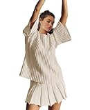 LAMISSCHE Womens Lounge Set Oversized 2 Piece Sweater Skirt Sets Long Sleeve Knit Top Pleated Skirts(Beige,S)