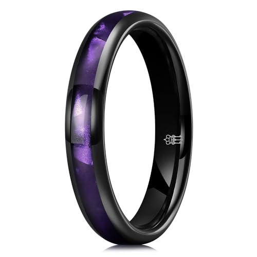 THREE KEYS JEWELRY 4mm Wedding Band for Women Men Black Plated Tungsten Ring with Purple Imitation Shell Grain Design 10.5