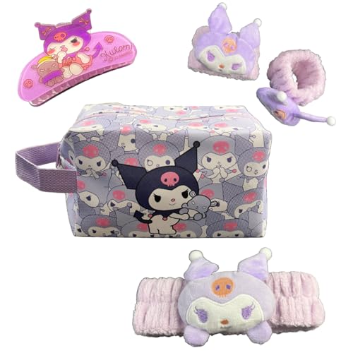 Balm of Beauty 4 Piece Self Care Set Makeup Bag Kawaii Anime Cute Cosmetic Travel with Headband Wristband Hair Clips Beauty Cartoon (Purpleromi)
