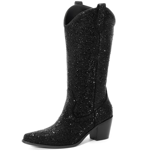 MISSMILLER Women’s Rhinestone Cowboy Boots Mid Calf Pointed Toe Sparkly Block Heel Cowgirl Boots with Pull On Tabs