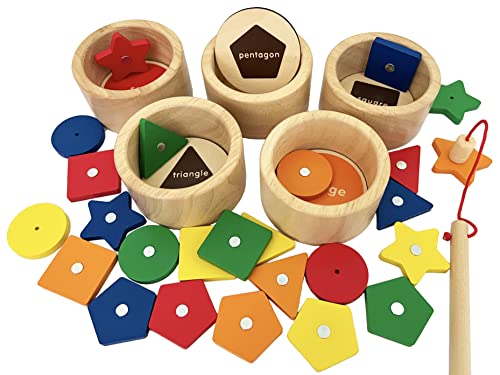 Dailyfunn Montessori Toy Wooden Sorting Cup&Fishing Game 2-in-1 Colors Shapes Sorting Matching Learning Toys for Toddlers 1-3 Year Old