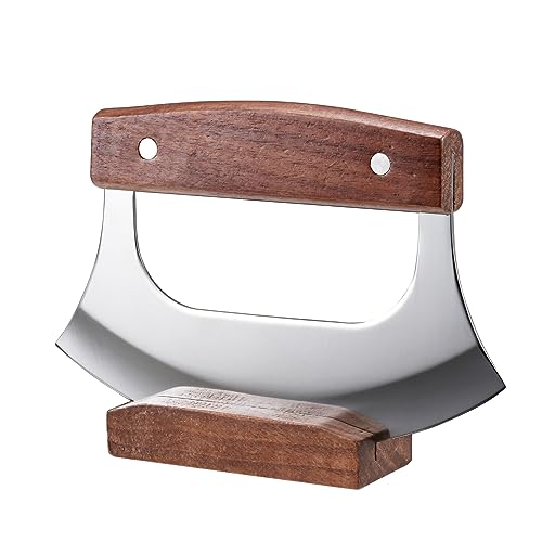 Coowolf Ulu Knife - Sharp Rocker Mezzaluna Knife with Stand for Cutter Pizza, Meat, Vegetables, Herbs, Salad