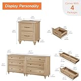 WAMPAT 4 Piece Bedroom Set, Set of 2 Wooden Dressers with 3 Drawers, Set of 2 Rattan Bedside Table Side Tables with Charging Station, 4 Piece Dresser and Nightstand Sets, Oak