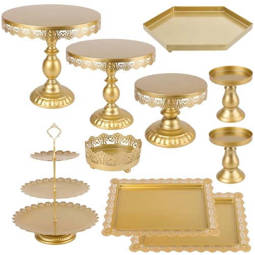 ZOOFOX 10 Pieces Cake Stands, Metal Cupcake Stand with Multiple Combination Styles, Dessert Plate Cake Serving Tray Fruit Candy Display Tower for Wedding, Birthday, Baby Shower, Tea Party (Gold)
