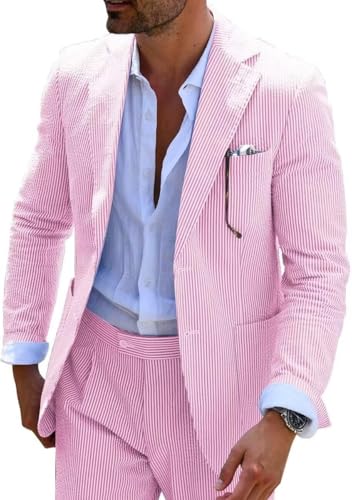 Mrbuerly Men's Seersucker Suit 2 Piece Striped Blazer Pants Beach Wedding Prom Casual Pink Summer Wear Suit M