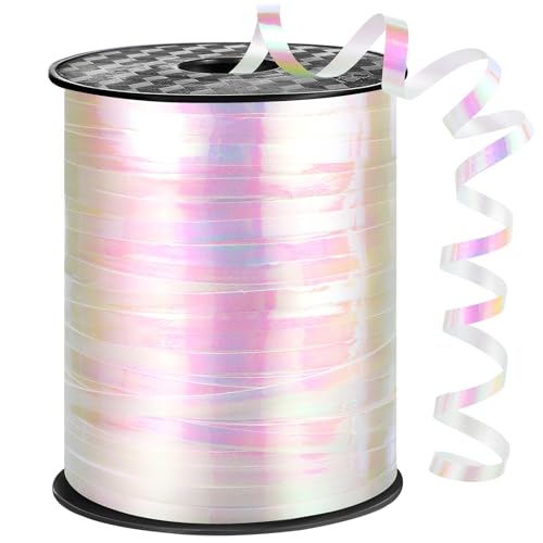 Iridescent White Curling Ribbon 600 Yards 1/5 Inch Balloon String Ribbon Thin Valentines Ribbon for Gift Wrapping Art Crafts Wedding Birthday Party Valentine's Day Decoration