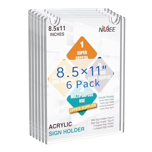 NIUBEE 6 Pack Acrylic Wall Sign Holder 8.5x11 Vertical, Clear Plastic Picture Frame, Wall Mounted Design, Support No Drilling(Provide 3M Tape and Screws)