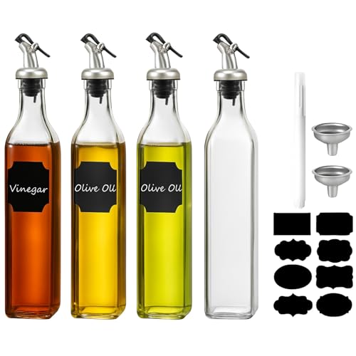 WERTIOO Olive Oil Dispenser Bottle,4Pack 17 OZ Glass Oil Dispenser for Kitchen with 4 Pourer,1 Stainless Steel Funnel & 1 Pen and 8 Label for Kitchen (500ml)