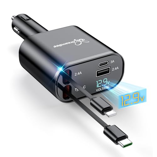DreamBee Retractable Car Charger,66W 4 in 1 Super Fast Charge Car Phone Charger,Retractable Cables (31.5 inch) and 2 USB Ports Car Charger Adapter for iPhone 15/14/13/12 Pro Max XR,iPad,Samsung-Black