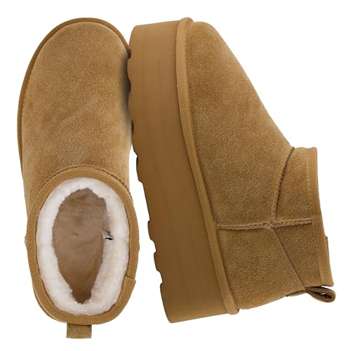 CUSHIONAIRE Hippy Women’s Platform Ankle Boots – Genuine Suede, Faux Fur Lining, Cozy Winter Slip-On Design boots for women, CHESTNUT 8