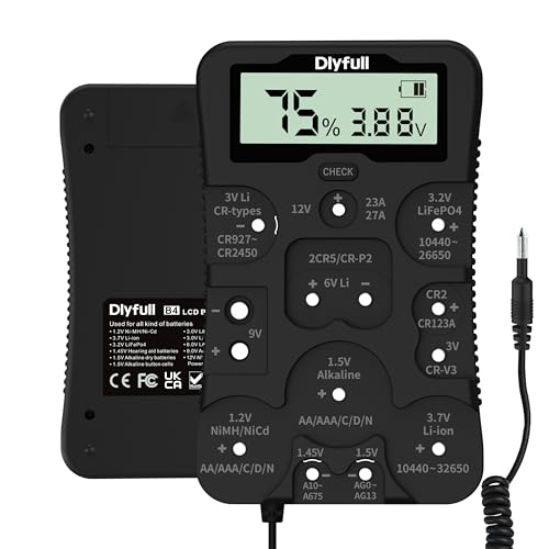 Dlyfull Battery Tester, LCD Display Universal Battery Checker for Ni-MH, Ni-CD, Li-ion, Alk & LiFe04 Batteries(AA AAA C D 9V 12V 18650 CR123A 2CR5 CR2032 Cells), 2X AAA Batteries Included