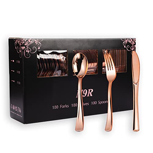 N9R 300PCS Rose Gold Plastic Silverware, Heavy Duty Plastic Cutlery Set, Disposable Rose Gold Utensils Include 100 Forks, 100 Spoons, 100 Knives, Perfect for Party Decorations