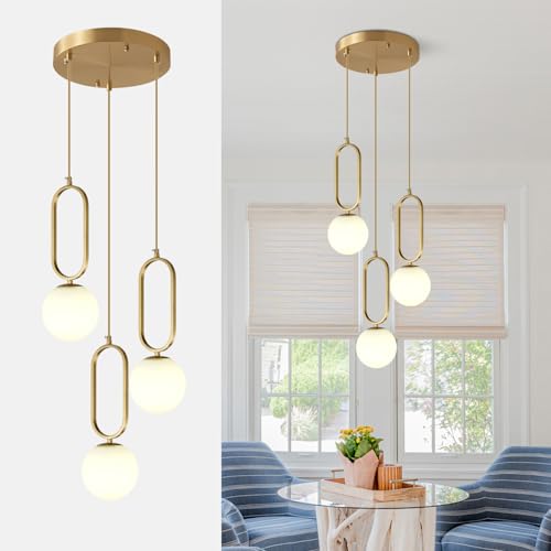 Fulesi 3-Light White Globe Glass Pendant Light Brass Ceiling lamp Modern Golden Glass Ball Chandelier with Frosted Milky White Glass Ceiling lamp