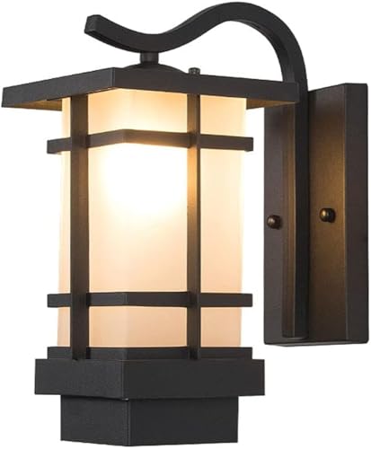 vhhob Outdoor Wall Sconce, Asian Inspired Mission Style Exterior Wall Light Fixture, Black Waterproof Aluminum Lantern with Frosted Glass Shade for Porch, Patio, Garden, Entryway, Courtyard Decor