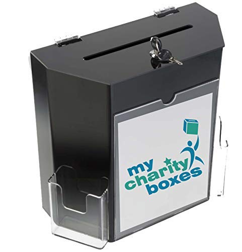 MCB Donation Collection Office Suggestion Acrylic Ballot Box 9 x 8 inch with Display area of 8 x 3.75 inch comes with 2 business card size pockets and lock with set of keys (Black)