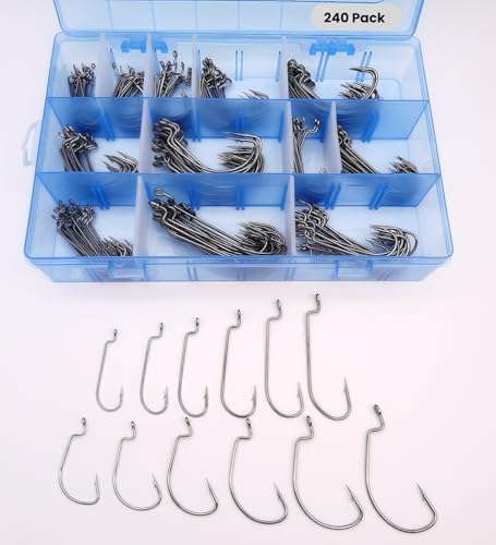 240-Pack Offset Worm Hooks Kit – Narrow & EWG Offset Hooks 6 Sizes (1# 1/0# 2/0# 3/0# 4/0# 5/0#) | 20pcs per Size, High-Carbon Steel, Laser-Sharp – Weedless Bass Fishing Hooks for Texas/Carolina Rigs