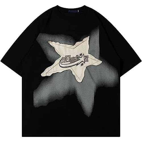 Y2K 90s Vintage Oversized T Shirts Star Graphic Tees Y2k Casual Unisex Streetwear Grunge Aesthetic Tops Clothes (M,a Black)